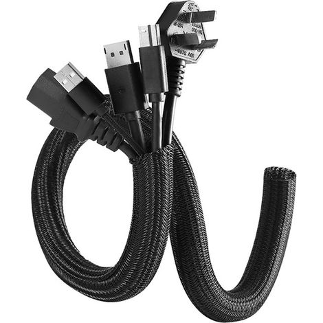 Gaine de câble auto fermante longueur 2 m en PET tissé flexible et découpable pour organiser et protéger les câbles au sol contre les animaux domestiques couleur noire (1/5)
