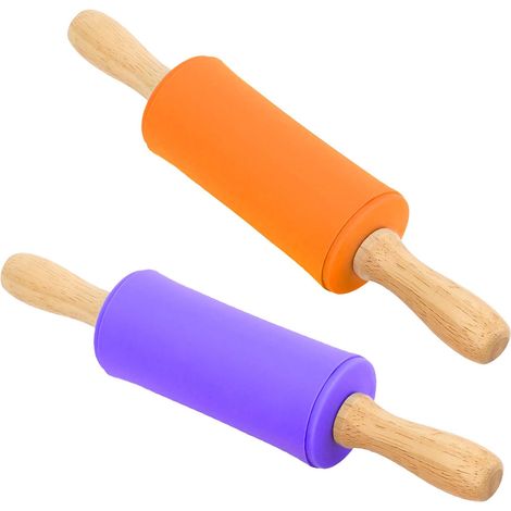 Rouleau À Pâtisserie Enfant - 9 Pouces - Corps En Silicone Alimentaire - Manches En Bois De Chêne Naturel - Lot De 2 (1/5)