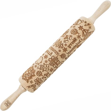 Rodillo de madera MoodForWood, grabado, 43 cm con asas, perfecto para hornear - Diseño navideño (1/5)