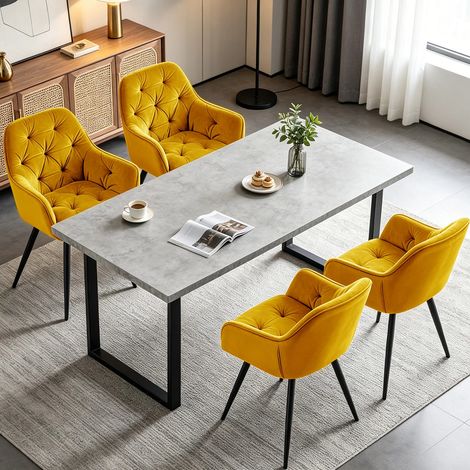 AINPECCA 1.5M White Dining Table and Velvet Chairs 4 Set Padded Chairs Home Kitchen(1 TABLE+4 YELLOW CHAIRS)