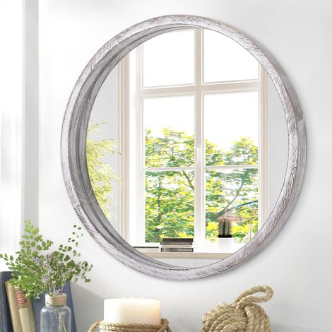 Petit miroir mural rond pour salle de bain, miroir de courtoisie blanc rustique, petit cercle mural pour mur, cadre en bois, miroir de maquillage pour entrée, salon, chambre à coucher, dortoir (1/5)