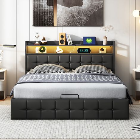 Lit coffre 160 x 200 cm, lit double, lit adulte avec port USB et LED, Tête de lit capitonné de rangement, Sommier à lattes, noir, PU (1/5)