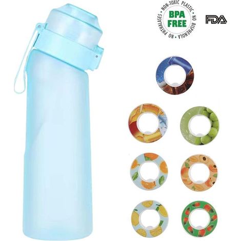 Botella de aromaterapia de 650 ml, 7 sabores diferentes, botella deportiva perfumada, sin BPA, 0 azúcar, con pajita y cepillo de limpieza (azul) (1/5)
