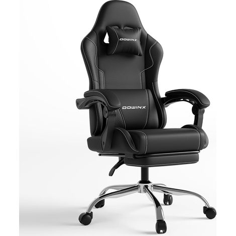 Dowinx Gaming Stuhl Schwarz mit Fußstütze, Massage-Lendenstütze, Ergonomisch, Kopfstütze, Für Büro, Zuhause & Gaming (1/5)