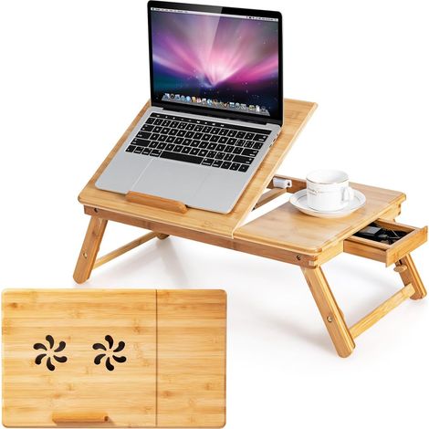 COSTWAY Table de Lit Pliable 53 x 33 cm, Plateau de Lit en Bambou avec Pieds Réglables et Plateau Inclinable, Support d'Ordinateur Portable avec Tiroir et Trous d'Aération, Naturel (1/5)