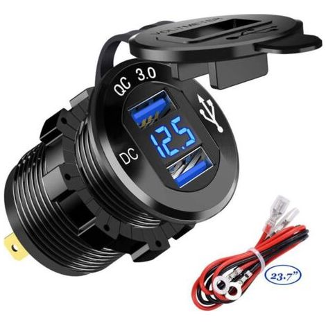 Pair Chargeur de voiture rapide USB Deux ports USB QC3.0, 12V/24V étanche, avec voltmètre numérique LED