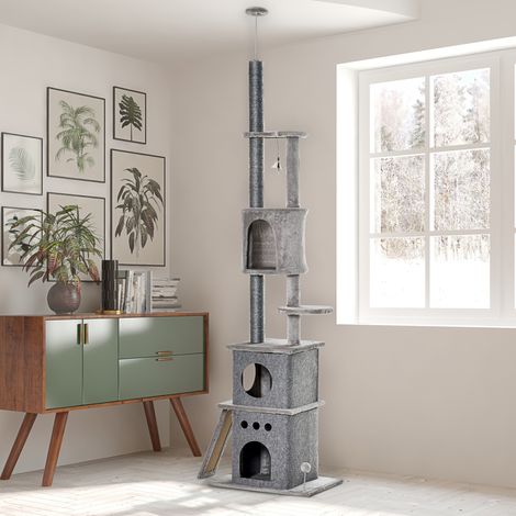 PawHut Kratzbaum Deckenhoch Höhenverstellbar 225-255 cm Katzenturm mit 6 Ebenen 3 Höhlen Katzenspielzeug Kratzbrett Katzenkratzbaum für mittelgroße Katzen, Hellgrau