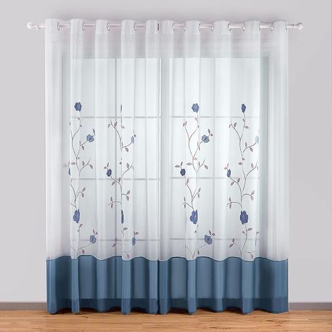 1 Pièce Rideaux à Oeillets Voilages Broderie Floral pour Chambre Cuisine Salon, 140cmx225cm, Bleu-Ensoleillé (1/5)