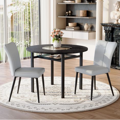 DESMIU Table de salle à manger ronde avec 2 chaises, plateau en verre et niche, pour salon, noir, Ø 100 cm (1/5)