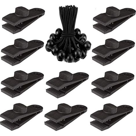 20 Pcs Clip de Tente Bâche avec 10x Pince pour bache et 10x Tendeur Corde Elastique, Pince a oeillet pour bache Camping Accessoires pour Tentes, bache Piscine, Bâches, (1/4)