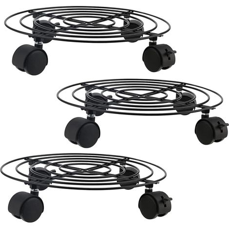 Lot de 3 supports à plantes en métal de 30 cm avec roulettes, chariot robuste pour pots de fleurs de jardin, support rond en fer sur roulettes. (1/5)