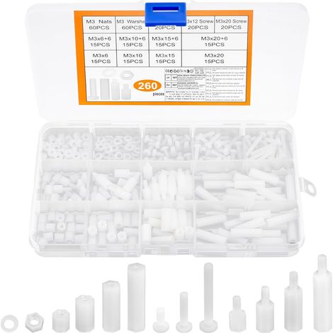 260 Pcs Vis M3, Entretoises à Manchon en Nylon, Vis Plastique et écrous, Entretoises hexagonales pour cartes mères, Vis hexagonales mâles et femelles (blanc) (1/5)