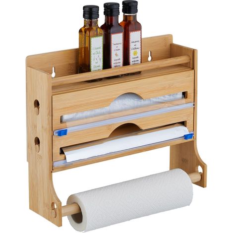 Distributeur Papier Aluminium et Film Alimentaire 3 en 1, Porte-Rouleaux Mural, Bambou, 30,5x36,5x12cm, Nature (1/5)