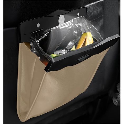 Cestino per auto magnetico pieghevole con LED – Sacchetto per rifiuti da appendere e vano portaoggetti, in pelle impermeabile, per sedili anteriori e posteriori - Beige (1/5)