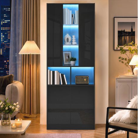 Armadio alto 70x35x180 cm, con luci LED controllabili da app, ante doppie, inserto in acrilico, MDF e pannello truciolare nero (1/5)