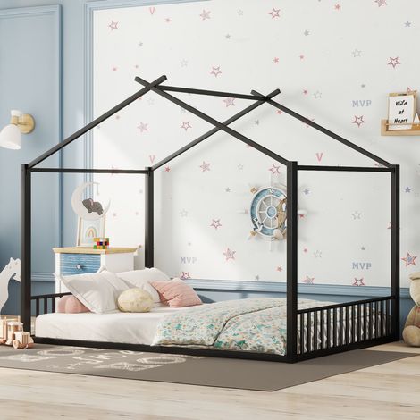 lit chambre enfant maison 140x200 structure métal noir OKMYHOME (1/5)