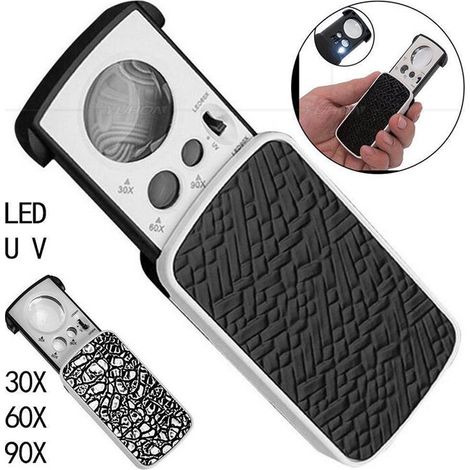 Lupa de joyero, lupa ocular iluminada para joyeros, 30X, 60X, 90X, lupa de bucle para joyería con luz negra UV y luz LED brillante para diamantes, gemas, monedas, sellos, rocas (negra) (1/4)