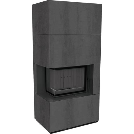 Kaminbausatz KRATKI FLOKI BOX links 8 kW Ø 160 Quarzsinter NATURALI PIETRA DI SAVOIA ANTRANCITE BOCCIARDATA schwarz Verkleidung (1/4)