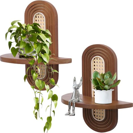 Lot de 2 étagères murales flottantes en rotin style bohème, petites étagères décoratives uniques en bois naturel pour salon, chambre, chambre d'enfant (2 x marron) (1/5)