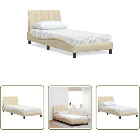 Schlafzimmer - Bett mit Matratze "Hanko" Creme 90x200 cm Stoff (1/5)