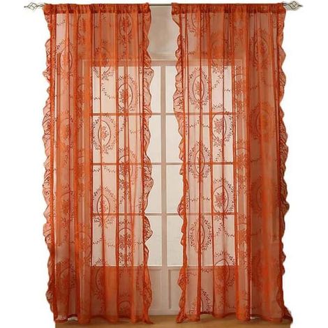 Rideaux en dentelle, rideaux à volants brodés de fleurs vintage - orange (1/5)