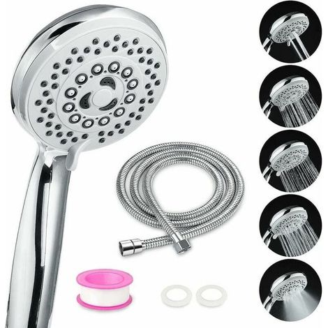 Handbrause mit Schlauch, Antikalkfunktion, 5 wassersparende Hochdruckdüsen, Duschkopf aus ABS und Edelstahl (1/4)
