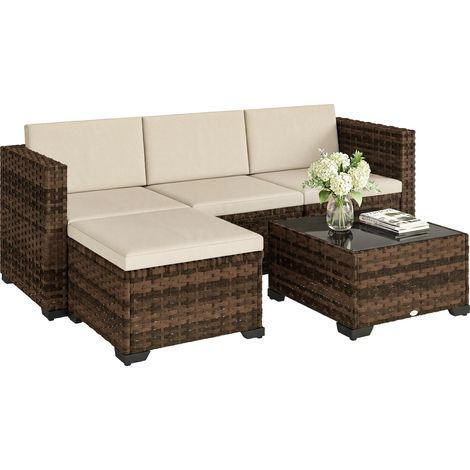 Ensemble de jardin extérieur en rotin 5 pièces avec coussins, 2 fauteuils d'angle, 1 chaise sans accoudoirs, repose-pieds et table (1/5)