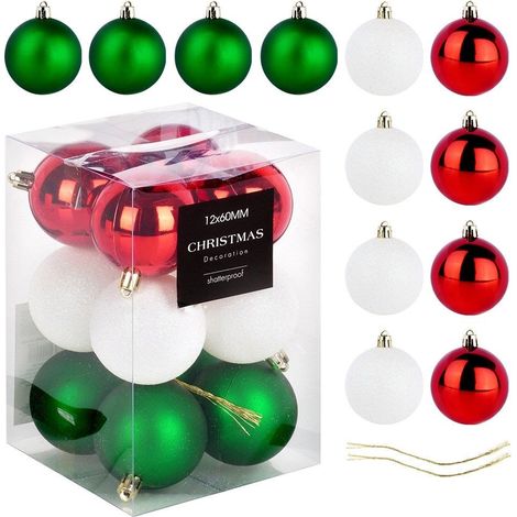 Palline di Natale infrangibili rosse, verdi e bianche, 6 cm, 12 pezzi. (1/5)