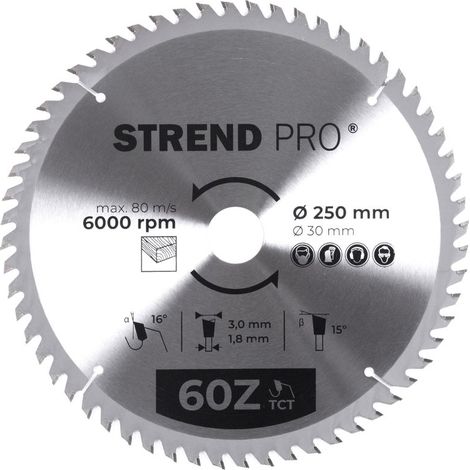 Scheibe Strend Pro TCT 250x3.0x30/20 mm 60T, für Holz, Sägeblatt, SK-Zähne