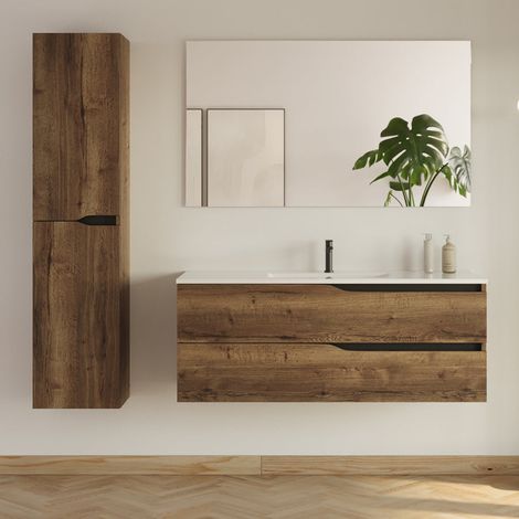 Meuble de salle de bain 120cm avec simple vasque - 2 tiroirs et colonne de rangement - tabaco (chêne foncé) - LUNA (1/5)