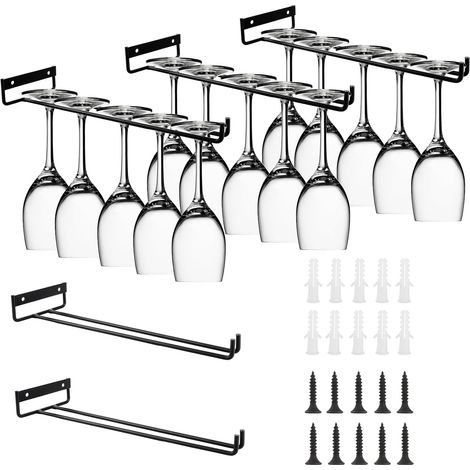 Ensemble de 5 supports à verres suspendus de 30 cm - Porte-verres à vin en métal noir avec vis - Compatible avec les rangements sous meuble - Convient pour la cuisine, le bar, le restaurant et la cave (1/5)