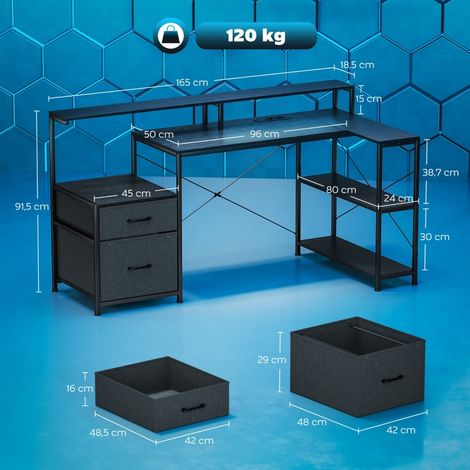 Bureau gaming en L noir effet bois, 165x80x91,5 cm, avec ruban LED, multiprise intégrée, double moniteur, poste de travail ergonomique pour gamer. (1/5)