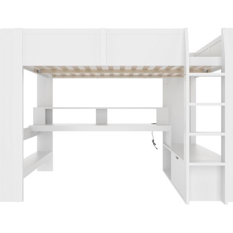 Hochbett 140 x 200 cm mit Schreibtisch, Schublade, Regalen und LED, weiß MODENUIT (1/5)
