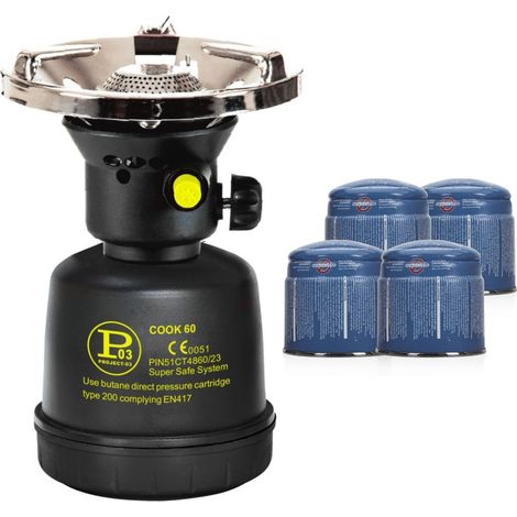 Réchaud à gaz Coque Acier + 4 cartouches 190g Allumage Auto & Sécurisé - Réchaud Camping Vanlife Flamme réglable Black COOK (1/5)