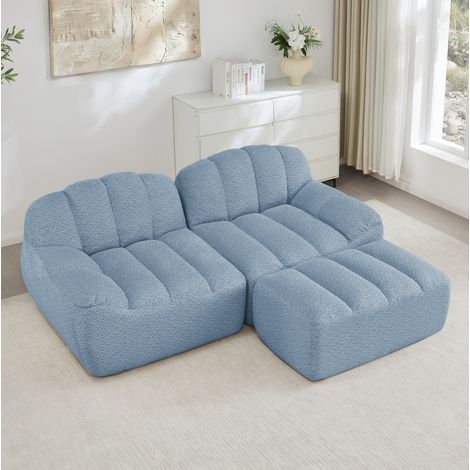 Sofá modular en L de 2 plazas con otomana, tejido azul, 210 x 165 x 79 cm (1/5)