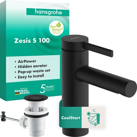 Mitigeur de lavabo avec tirette et vidage, Robinet de salle de bain avec hauteur sous bec 104 mm, max. 4l/min, Noir mat (1/5)