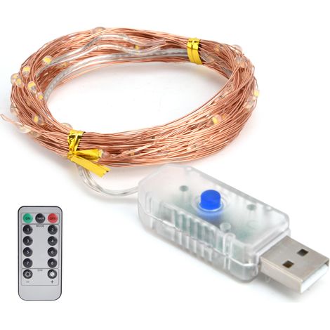 Guirlande lumineuse LED avec télécommande, 8 modes d'éclairage, alimentation USB, 10 m (33 pi) / 100 LED, fil de cuivre. (1/5)
