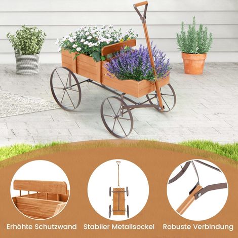 Chariot de jardin orange en bois avec bacs de plantation, poignée et roues métalliques, 62x34x60 cm, pour balcon, jardin et terrasse (1/5)