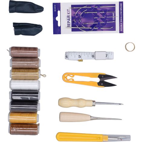 Outils pour le travail du cuir : cire, fils, aiguilles, poinçon, laine, ciseaux, mètre ruban. Outils pour le travail du cuir (bricolage). (1/5)