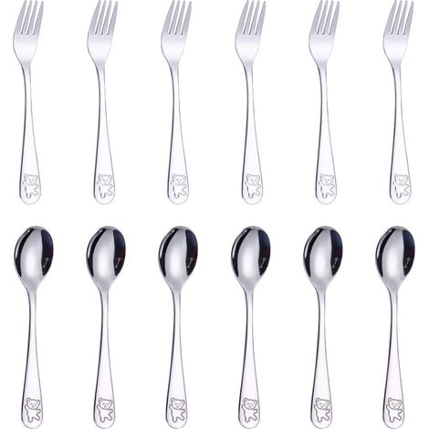 12 Pièces Couverts Enfant, Acier Inoxydable, Bords Lisses, Dents Arrondies, Motif Ours, Repas Autonome
