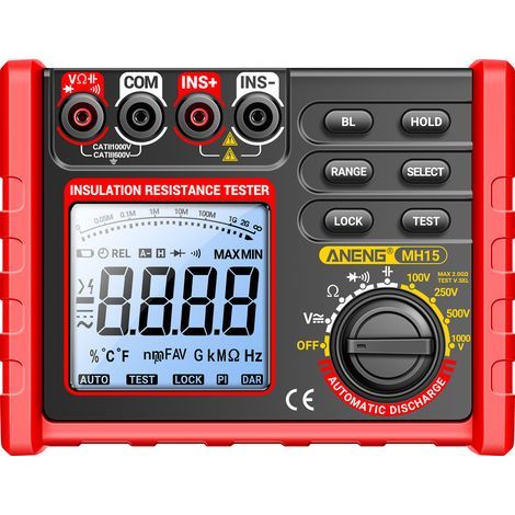 Insulation resistance tester, megohmmeter 0.1 MΩ-2000 MΩ, megohm tester, automatic range selection, 6000 counts, LCD screen, four test voltages (1/5)
