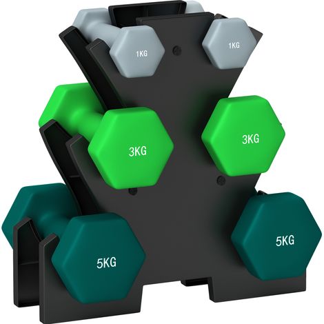 Set di 6 manubri esagonali con supporto, 2 x 1 kg, 2 x 3 kg, 2 x 5 kg, in metallo, multicolore (1/4)
