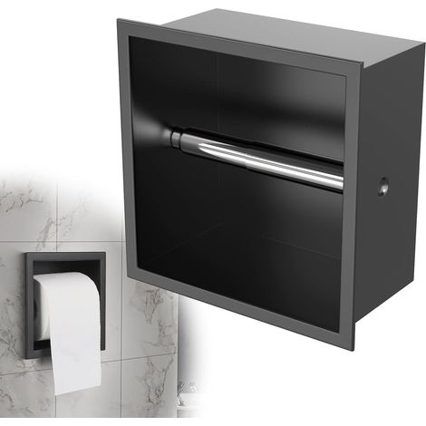 Portarotolo di carta igienica a incasso in acciaio inox 17 x 17 x 8,6 cm, dispenser di carta igienica a cambio rapido, portarotolo per bagni stretti, nero