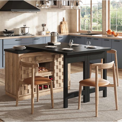 Isla de cocina extensible (120-197x40x74.2 cm), giratoria 360°, con almacenaje, MDF, madera (1/5)
