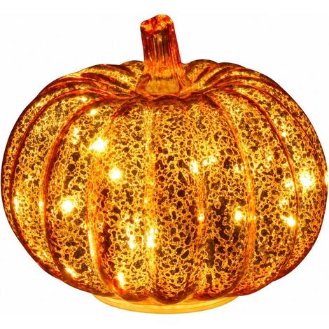 Lanterne citrouille en verre LED, décoration d'Halloween, vitrail, veilleuse chaleureuse, décoration d'automne dorée 16,5 x 14 cm (1/5)