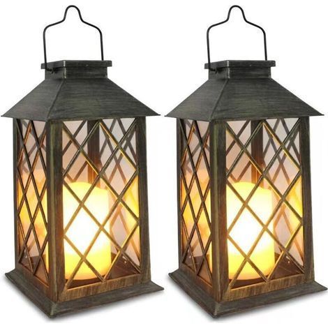 Lanterne Solaire Exterieur 2 Pièces Lampe Solaire avec Bougie Vacillante, Lampe de Table Solaire Étanche Suspension Solaire Exterieur a Poser pour Balcon Jardin Terrasse Deco - Bronze (1/4)