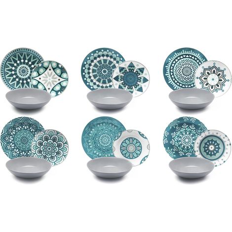Excelsa Mandala Servizio Piatti 18 Pezzi, Porcellana, Azzurro/Grigio (1/2)