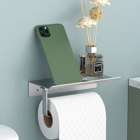 2 en 1 Porte-rouleau de papier toilette mural, blanc, auto-adhésif, en aluminium, avec étagère (1/5)