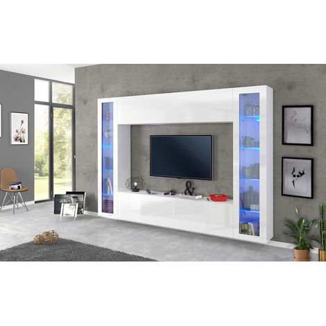 Ensemble TV mural moderne 4 éléments blanc laqué brillant Maroussia (1/5)
