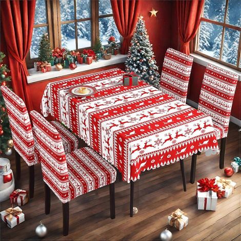 Ensemble complet de nappe et housse de chaise de Noël en soie de lait imperméable imprimée TC-196 (140 x 210 cm). (1/3)